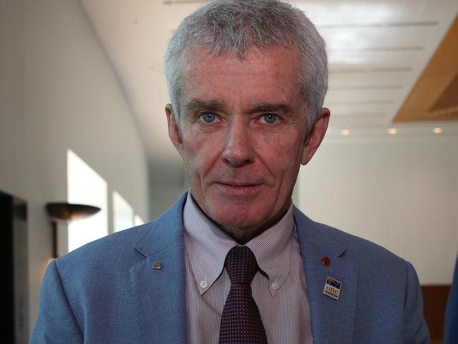 Malcolm Roberts with Senator Pauline Hanson during a press conference at Parliament House in Canberra. Picture Gary Ramage