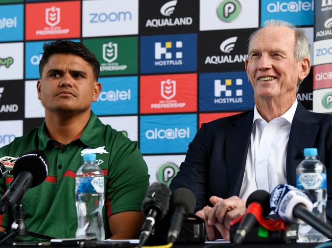 Latrell Mitchell (left) and South Sydney Rabbitohs head coach Wayne Bennett are seen during a press conference at Redfern Oval in Sydney, Monday, January 13, 2020. Latrell Mitchell has signed a one-year deal with South Sydney Rabbitohs. (AAP Image/Bianca De Marchi) NO ARCHIVING