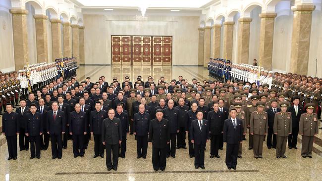 North Korean leader Kim Jong-un, centre, with his leadership group at Kim Il Sung’s mausoleum in Pyongyang last week.