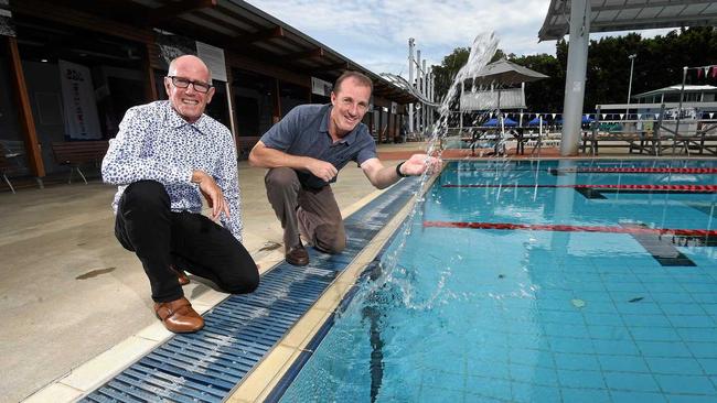 Lismore Mayor Isaac Smith and the council's manager major recreation and cultural facilities Tony Duffy at the new-look Lismore Memorial Baths prior to reopening on Monday, 11 December. Picture: Marc Stapelberg