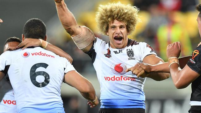 Fiji's Eloni Vunakece celebrates their win over New Zealand.