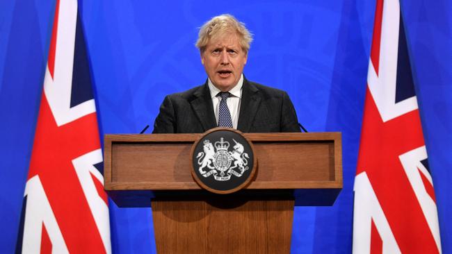 Britain’s Prime Minister Boris Johnson gives an update on the coronavirus Covid-19 pandemic during a virtual press conference inside the new Downing Street Briefing Room in central London.