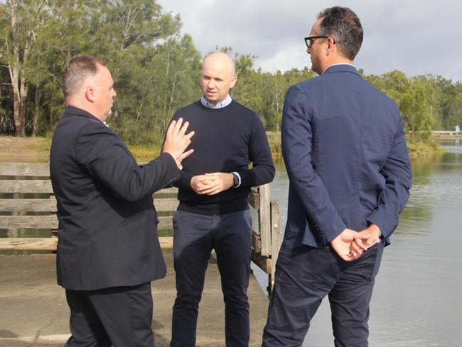 Central Coast Parliamentary Secretary Adam Crouch, Environment Minister Matt Kean and Expert Panel Chair Will Glamore a Long Jetty.