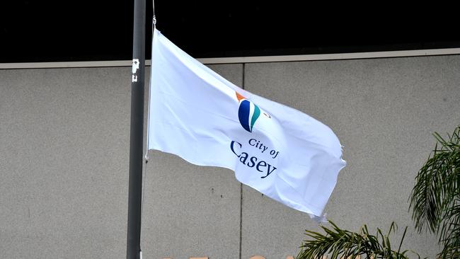 Casey council flag flying at 1/2 mast at the Narre Warren council offices in support of more police numbers for the City of Casey. Picture: Andrew Batsch