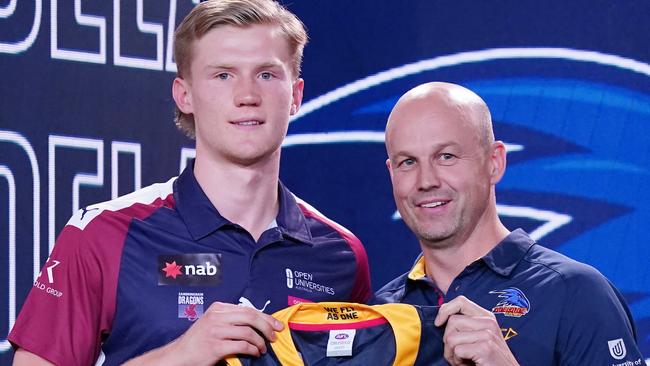 Fischer McAsey with Matthew Nicks after being drafted in 2019. Picture: AAP