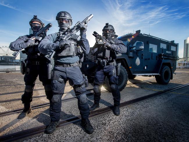 Victoria Police with its new BearCat unit, to be used by the Special Operations Group. Picture: Jay Town