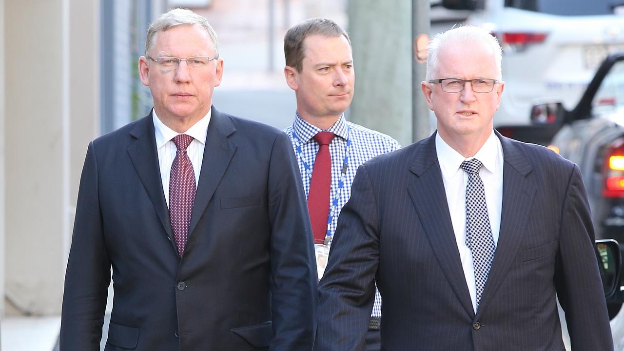 Jeff Seeney and Bruce McIver outside LNP headquarters in Spring Hill. Picture: Jono Searle.