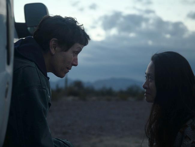 Frances McDormand and Director/Writer Chloe Zhao on the set of NOMADLAND. Picture: Supplied.