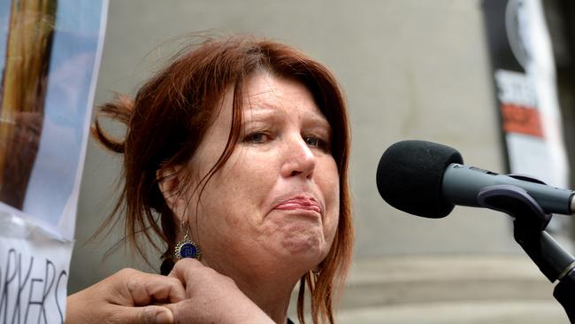 Pam Gurner-Hall address the rally over death of her partner Jorge Castillo-Riffo on steps of Parliament House in April. Picture: Greg Higgs