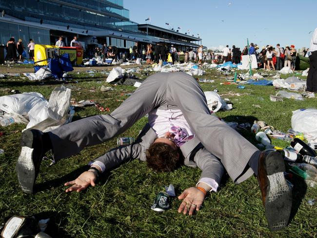 Melbourne Cup Day. Flemington. Crowd. Lawn. Drunk? Picture: Andrew Tauber