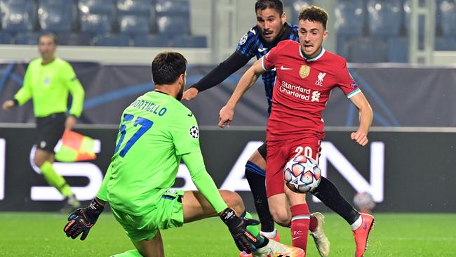 Liverpool striker Diogo Jota scores a goal against Atalanta in Bergamo. Picture: AFP