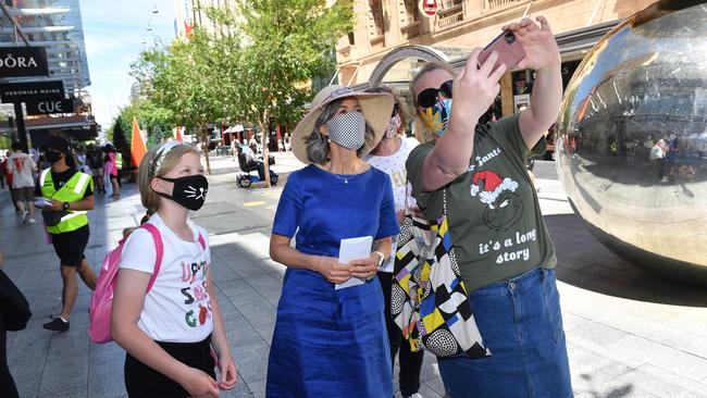 Chief public health officer Nicola Spurrier in the spring time, promoting mask-wearing in the Rundle Mall sun shine. Picture: Keryn Stevens