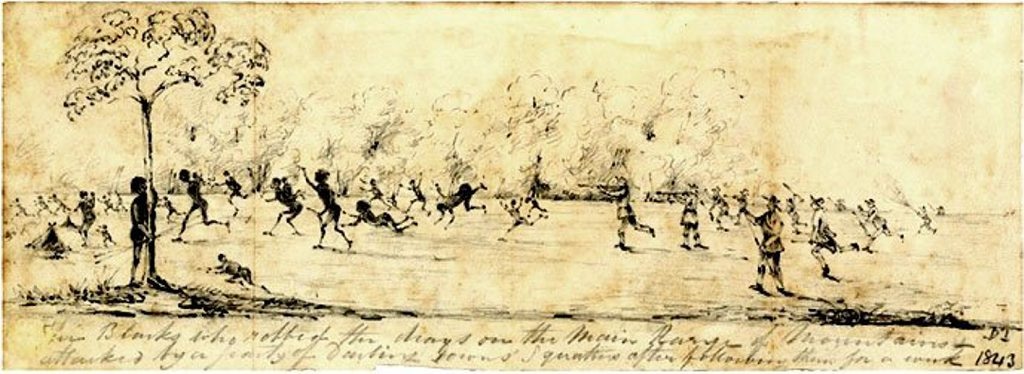 This sketch depicts an attack by squatters on an Aboriginal camp, in retaliation for the Battle at One Tree Hill in 1843. Picture: National Unity Government