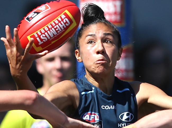 AFLW Carlton v Western Bulldogs Darcy Vescio marks in the goal square & kicks a goal First term  Picture:Wayne Ludbey