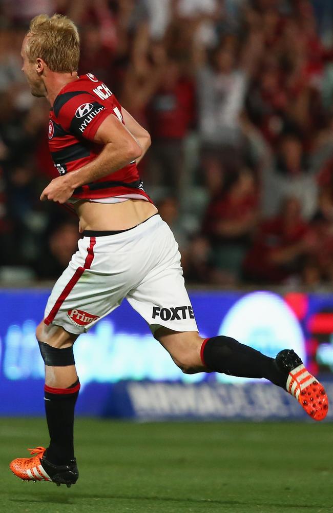 Mitch Nichols celebrates scoring for Western Sydney Wanderers.