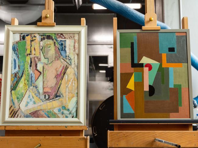 An early 1940s painting by the late Ralph Balson (pictured right) was found nailed to the back of close friend and fellow artist Grace Crowley’s piece (left). Picture: Jason Edwards