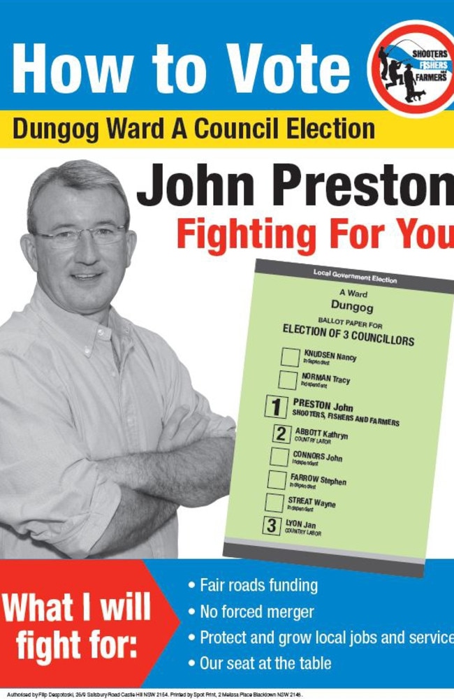 A how-to-vote card for Dungog candidate John Preston.