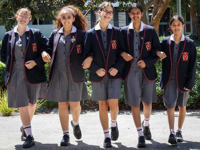 Sacred Heart Girls College students in Oakleigh celebrate their NAPLAN results. Sophie Fregon , Sara Amendola , Tayissa Vlahos , Danelle Perera and Dominique Calubaquib. Picture: Ian Currie