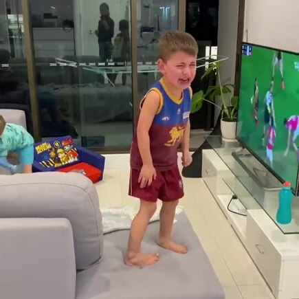 Brisbane Lions captain Dayne Zorko shared an Instagram video of his son Louis Zorko's reacting to his missed kick against Richmond. Picture: Instagram/ @dzorko_