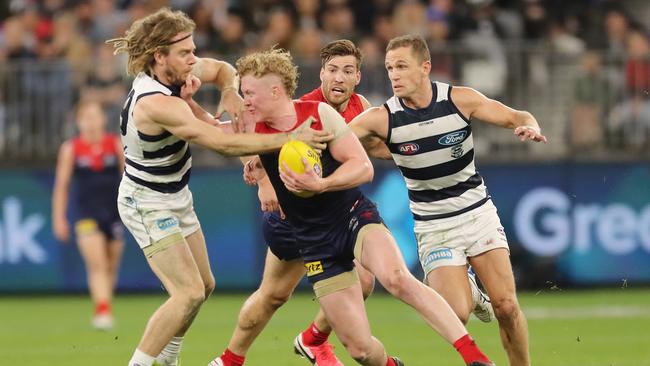 Clayton Oliver had 27 disposals against the Cats on Friday night. Picture: Will Russell/AFL Photos