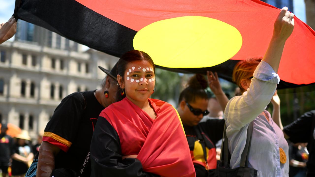 Protesters take part in an Invasion Day rally and march in Brisbane, coinciding with Australia Day. Picture: NCA Newswire / Dan Peled