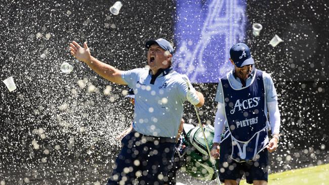 Patrick Reed of 4Aces GC reacts to his hole-in-one on the 12th hole during the first round of LIV Golf Adelaide at Grange Golf Club. (Photo by Jon Ferrey/LIV Golf)