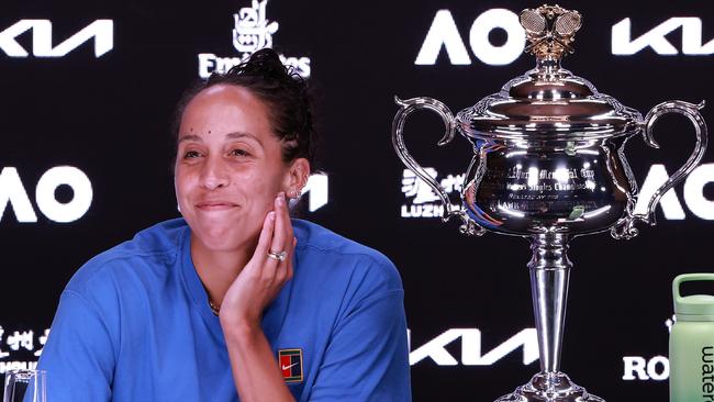 MELBOURNE, AUSTRALIA - JANUARY 25: Madison Keys of the United States attends a press conference following her victory in the Women's Singles Final against Aryna Sabalenka during day 14 of the 2025 Australian Open at Melbourne Park on January 25, 2025 in Melbourne, Australia. (Photo by Darrian Traynor/Getty Images)