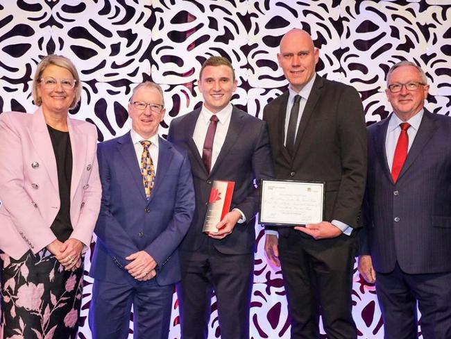 Secretary NSW Health Elizabeth Koff, Dr Brett Lynam, Evan Bryant, Chris Hanna, Minister for Health Brad Hazzard.