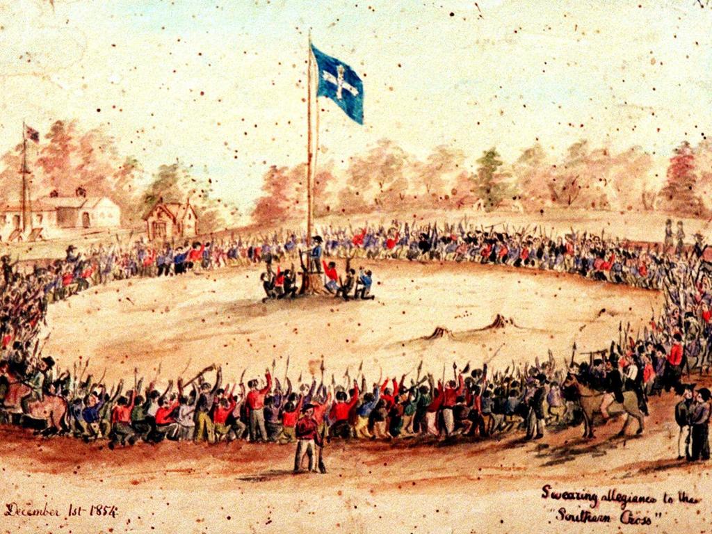 A sketch by artist Charles Doudiet of the miners swearing allegiance to the new Eureka flag.