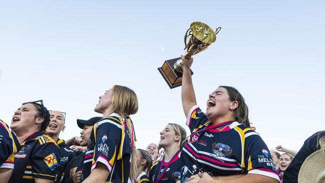 Highfields captain Katelyn Collie celebrate with her team as the TRL Women Premiers after defeating Gatton in the grand final at Toowoomba Sports Ground, Saturday, September 14, 2024. Picture: Kevin Farmer