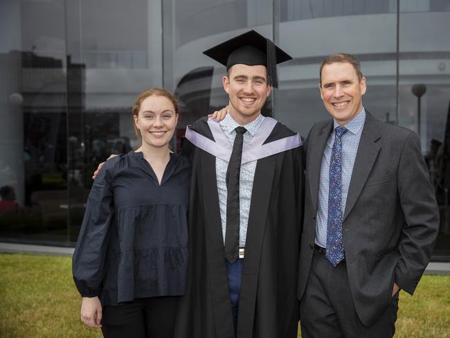 Michael Young (centre) with Tori Murton and Phil Young. UTAS graduations. School of College of Health and Medicine Graduate Research. Picture: RICHARD JUPE