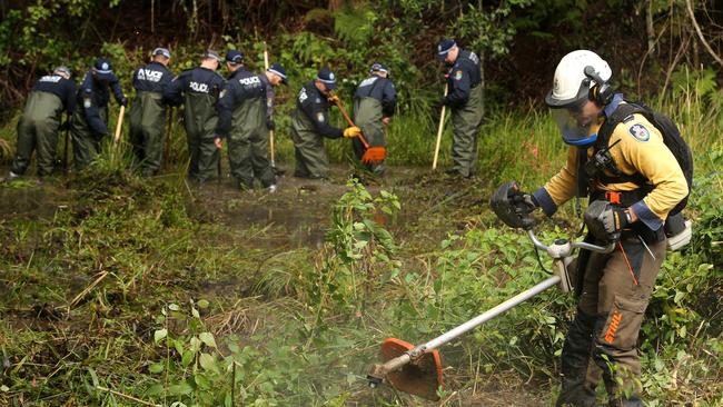 Police explore wet areas in bushland at Batar Creek, 4km from where William disappeared. Picture: Peter Lorimer