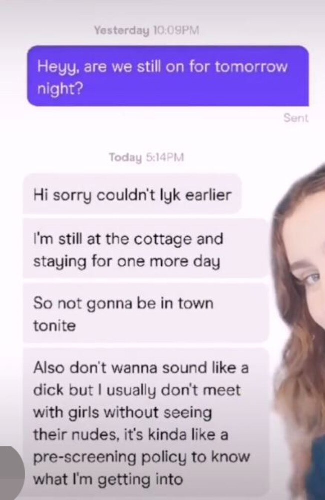 The man asked for nudes as part of his bizarre ‘pre-screening policy’. Picture: TikTok/MiraBrowne