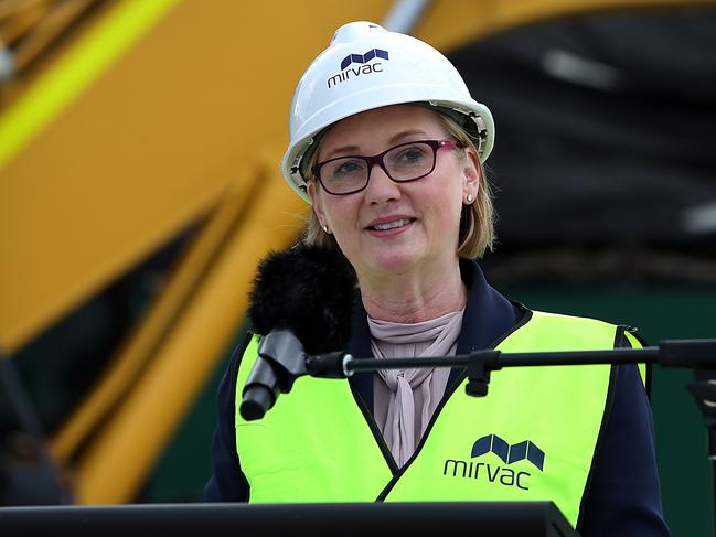 Mirvac Managing Director and CEO, Susan Lloyd-Hurwitz; giving a speech before breaking ground at the next stage of development at Green Square Town Centre despite the recession brought on by COVID-19. Jane Dempster/The Australian.