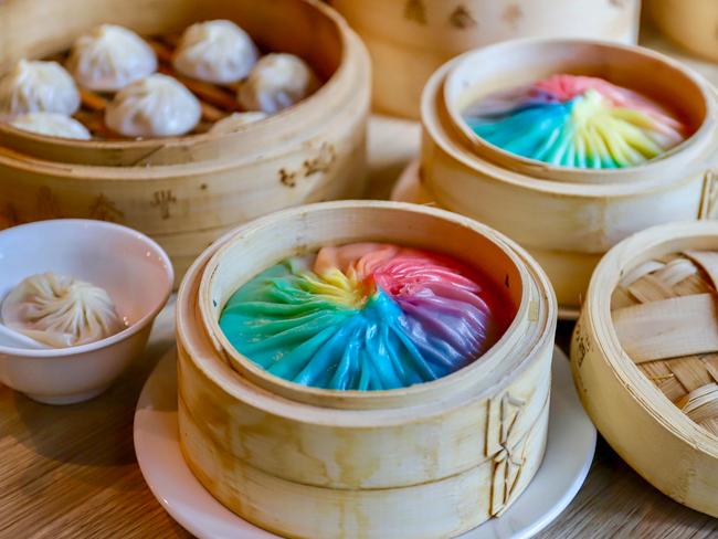 Din Tai Fung’s Giant Rainbow Dumplings with signature xiao long bao. Picture: Jenifer Jagielski