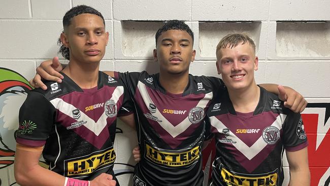 Marsden State High's Chris Vaimili Toalepai, Zack Lotaki and Nathan Phelps after their semi-final win. Picture: Andrew Dawson