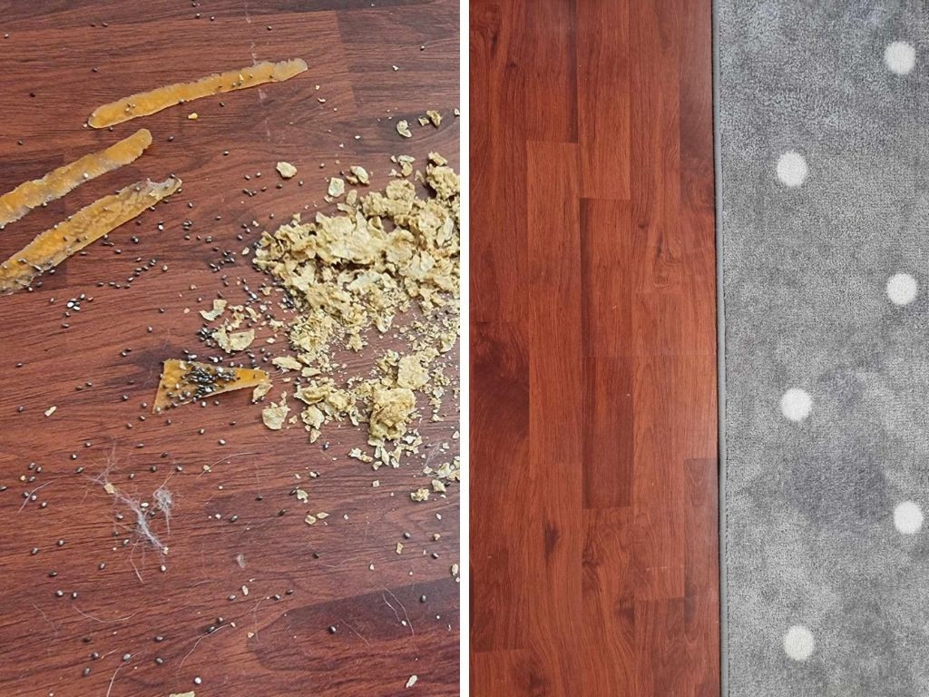 Before (left) and after (right) cleaning hardwood floors with the new Ecovacs Omni robot vacuum and mop. Picture: news.com.au/Tahnee-Jae Lopez-Vito.