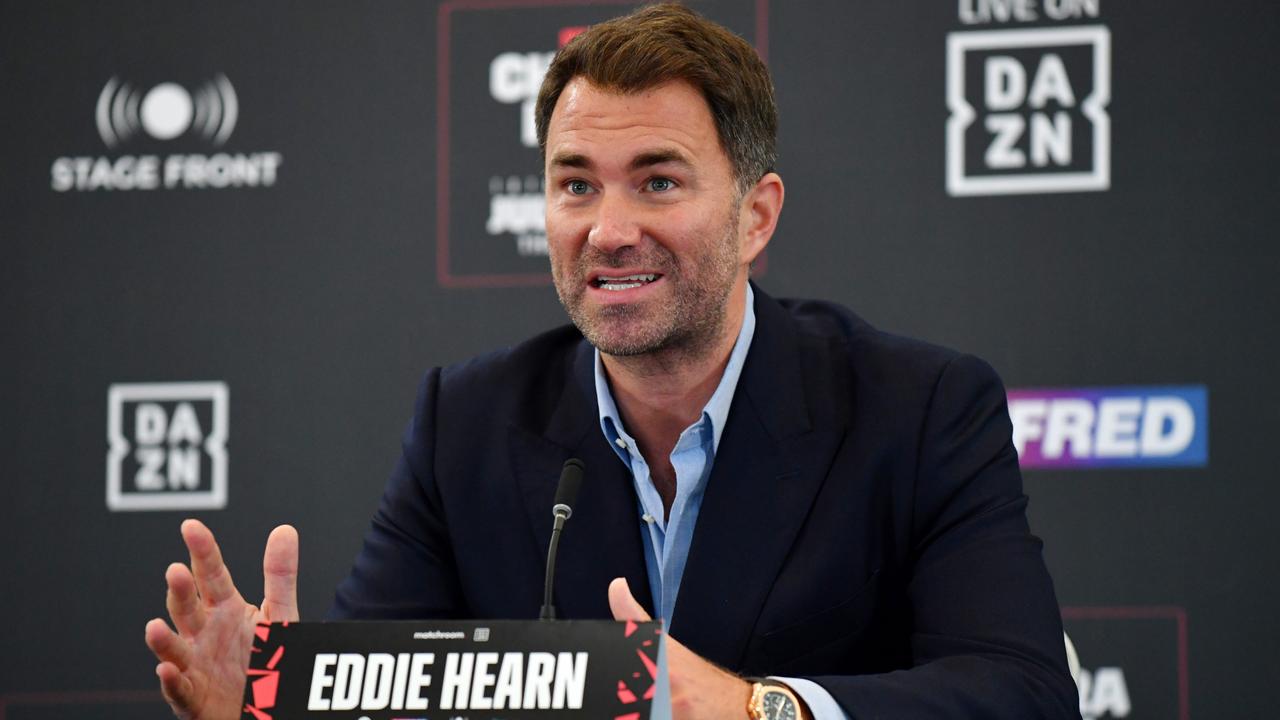 LONDON, ENGLAND - JUNE 10: Promoter Eddie Hearn speaks to the media during a press conference at Canary Riverside Plaza Hotel on June 10, 2022 in London, England. Derek Chisora and Kubrat Pulev will meet for a second time for a rematch at The O2 on Saturday 9 July 2022. (Photo by Tom Dulat/Getty Images)