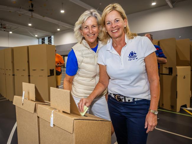 Angie Bell LNP candidate for Moncrieff voting with her partner Ros Franklin at Nerang State High School.Picture: Nigel Hallett