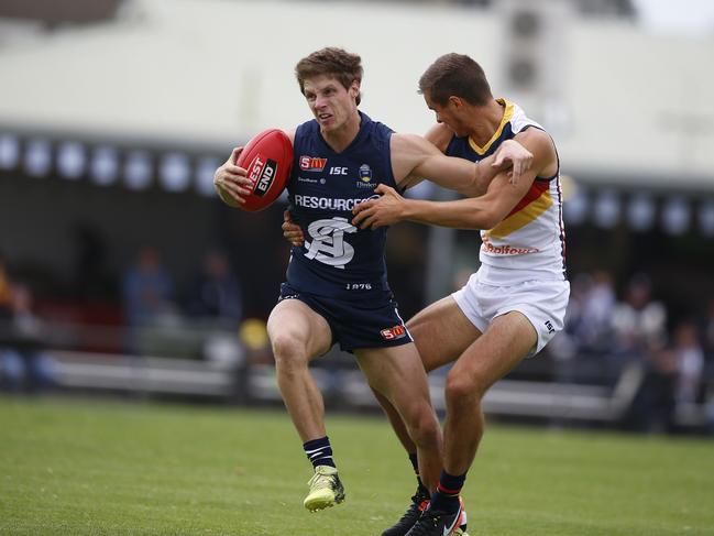 SANFL - South Adelaide v Adelaide at Noarlunga Oval - 	Matt Rose - South,  Jackson Edwards, Crows - picture Deb Curtis