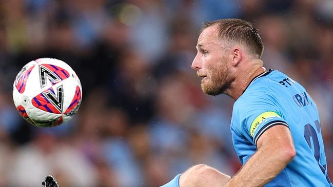 SYDNEY, AUSTRALIA - FEBRUARY 08: Rhyan Grant of Sydney controls the ball during the round 18 A-League Men match between Sydney FC and Western Sydney Wanderers at Allianz Stadium, on February 08, 2025, in Sydney, Australia. (Photo by Brendon Thorne/Getty Images)