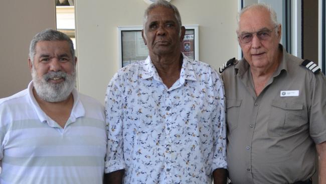 Murrumu Walubara, left, formerly known as Jeremy Geia, renounced his Australian citizenship in 2014, declared himself a citizen of the Yidindji nation, founding the Sovereign Yidindji Government. He is pictured with Bumi Gimbaia and Gingira Warrnggay.