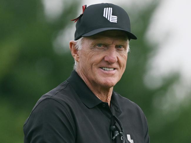 SUGAR GROVE, ILLINOIS - SEPTEMBER 24: Greg Norman looks on from the 14th tee during day three of the LIV Golf Invitational - Chicago at Rich Harvest Farms on September 24, 2023 in Sugar Grove, Illinois.   Quinn Harris/Getty Images/AFP (Photo by Quinn Harris / GETTY IMAGES NORTH AMERICA / Getty Images via AFP)