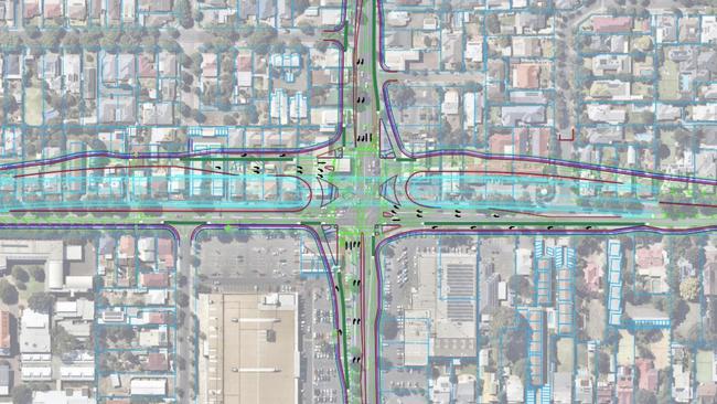 Proposed upgrade plans for the intersection at Cross and Goodwood Roads investigated by the former Liberal state government. Picture: Aurecon