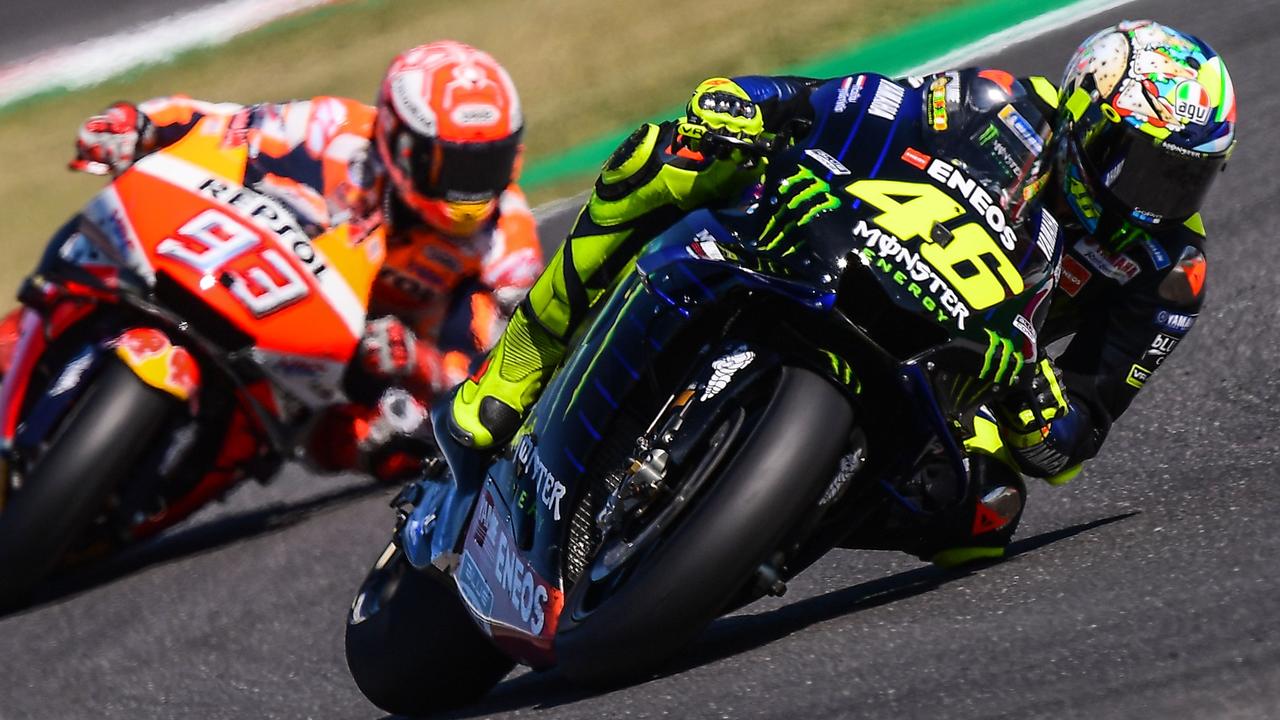 Valentino Rossi ahead of Marc Marquez during qualifying at Misano.