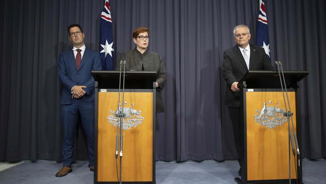 Prime Minister Scott Morrison in Parliament House Canberra. Marise Payne and Senator Zed Seselja joined him. Picture: NCA NewsWire / Gary Ramage