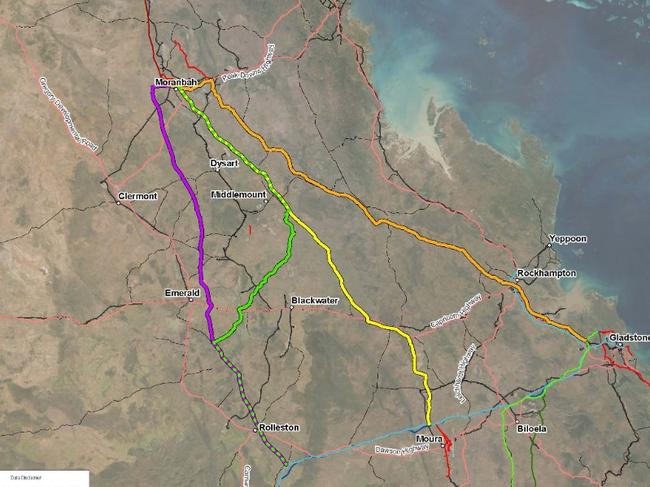 A map showing the possible routes of a pipeline going south from the Bowen Basin gas fields. Picture: Contributed