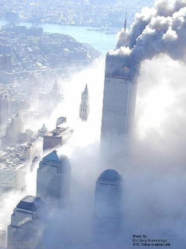 These never before seen pictures show the North Tower on fire. ABC News in the US recently obtained these images through Freedom of Information Act request in 2009 with the National Institute of Standards and Technology. Picture: Det. Greg Semendinger/NYC Police Aviation Unit.