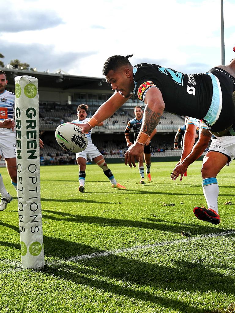 Cronulla's Sione Katoa attempts a diving try in the corner. Picture: Phil Hillyard