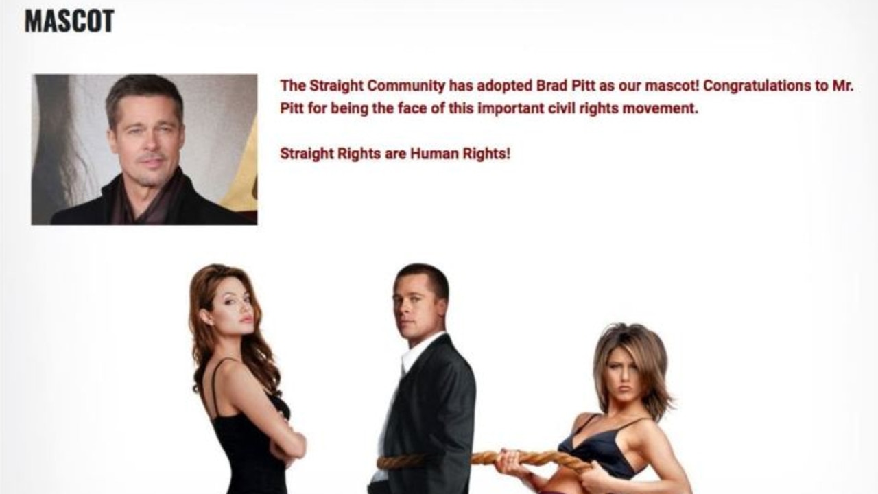 The site formerly used images of Pitt and linked him to the 'straight rights' movement.
